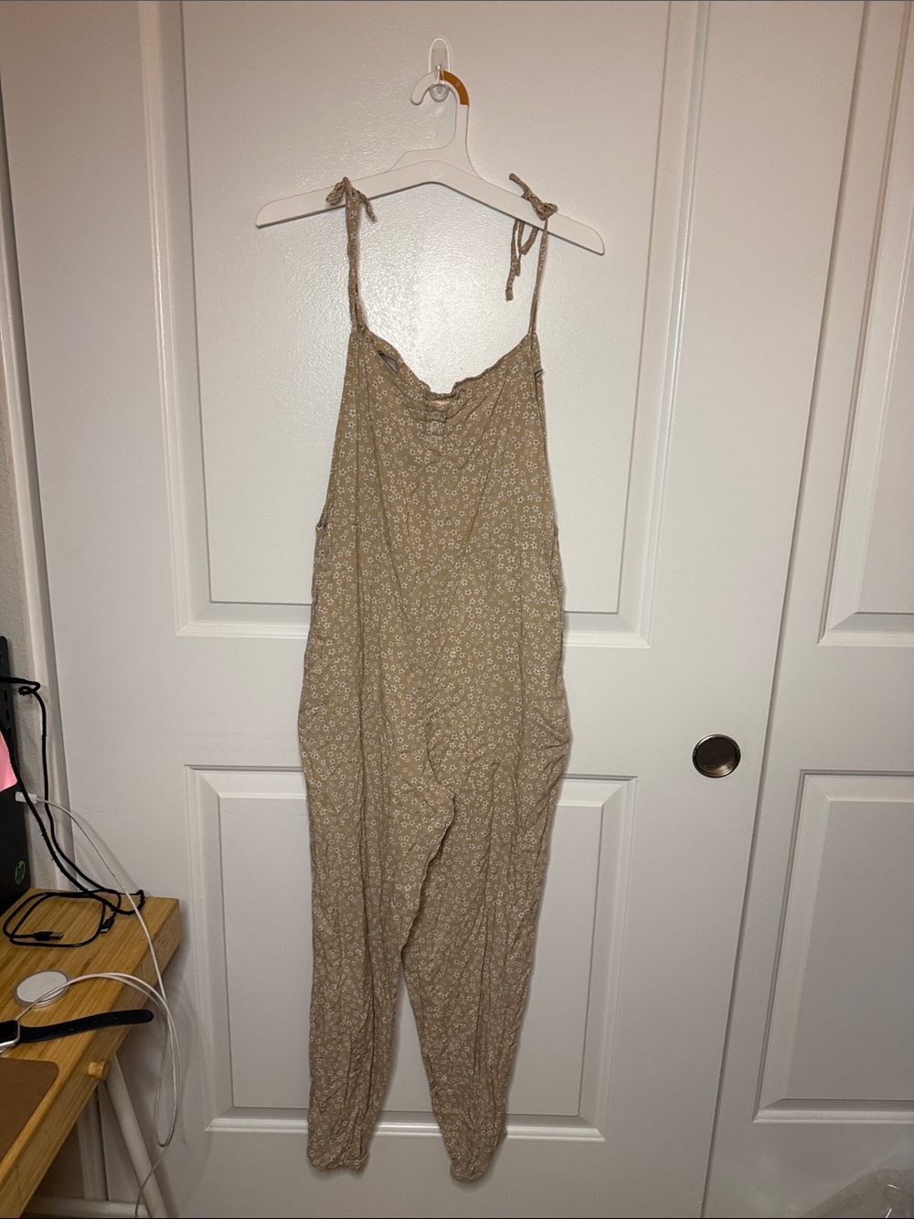 Smash + Tess Beige Floral Tie-Shoulder Jumpsuit